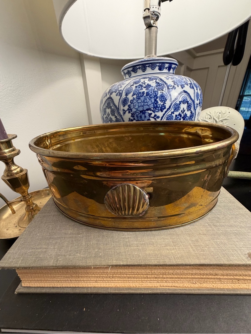 Vintage Brass Oval Planter Cachepot Shell Medallion Handles Made in India
